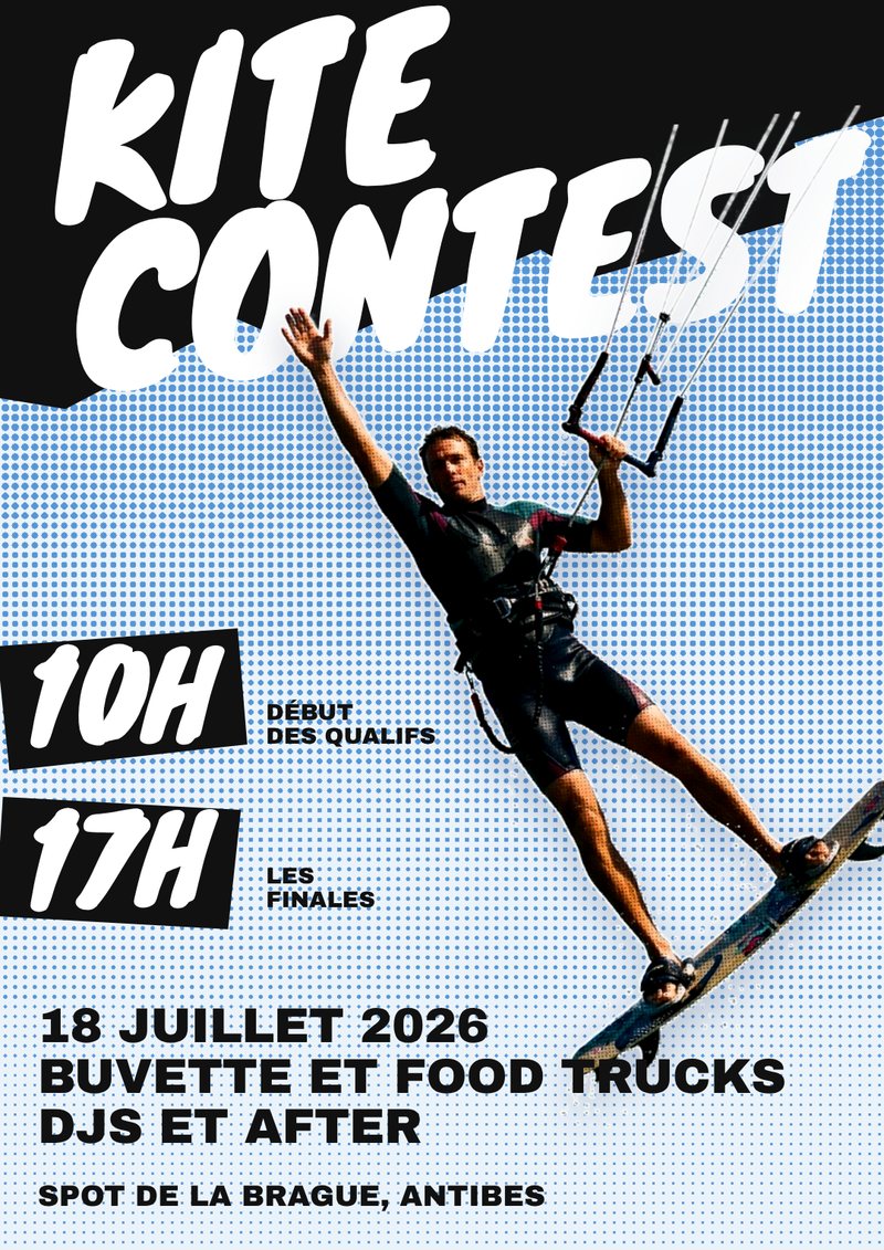 Affiche Kite Contest, un rider en plein saut sur fond tramé
