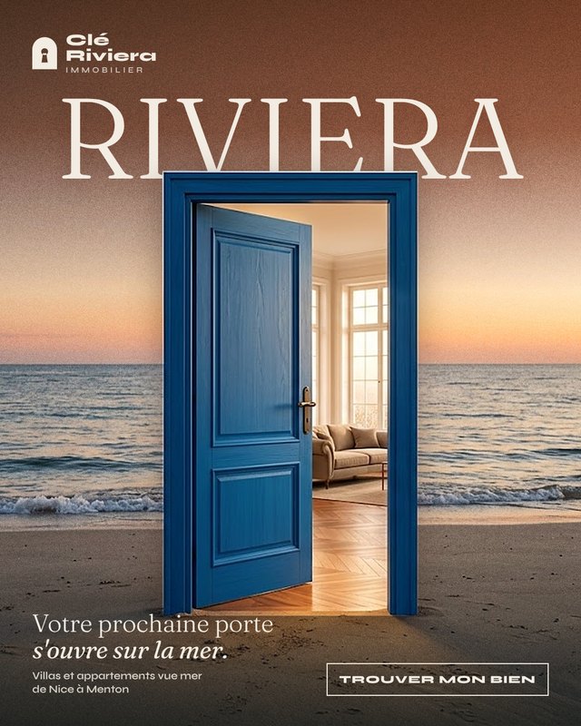 Pub Clé Riviera, une porte bleue ouverte sur un salon, posée sur la plage