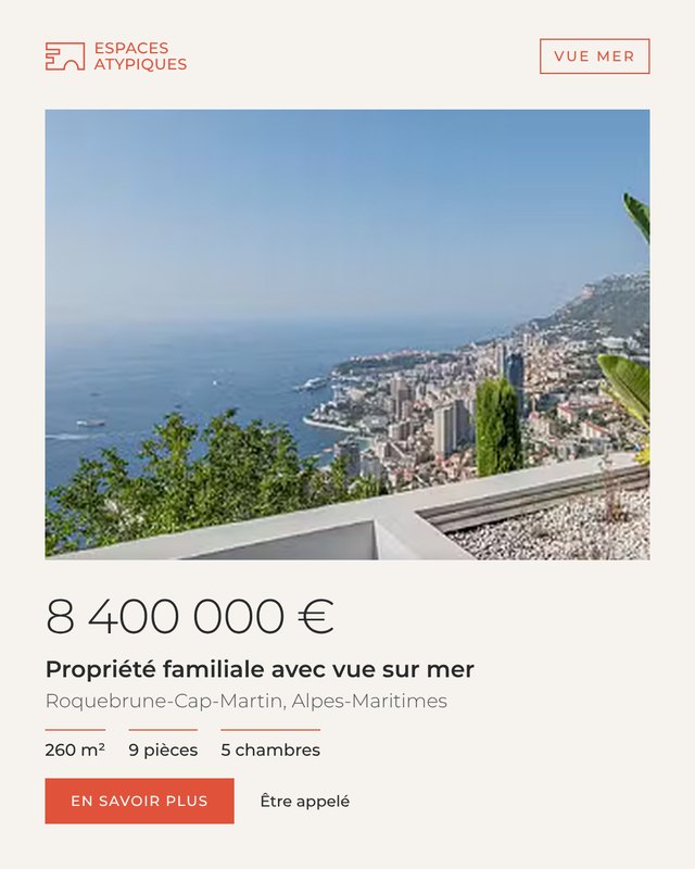 Annonce Espaces Atypiques, propriété vue mer à Roquebrune-Cap-Martin