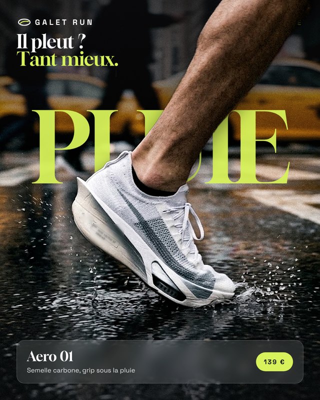 Pub Galet Run, basket de running qui éclabousse une flaque sous la pluie
