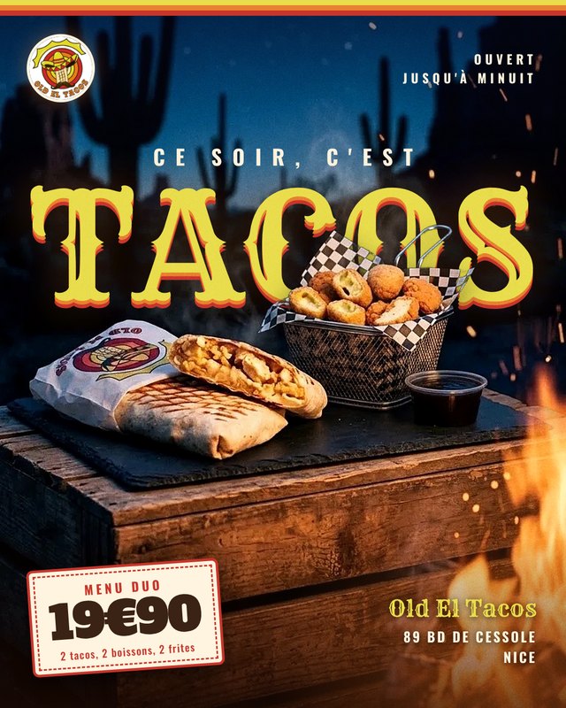 Pub Old El Tacos, Ce soir c'est tacos, menu duo à 19,90 € au coin du feu