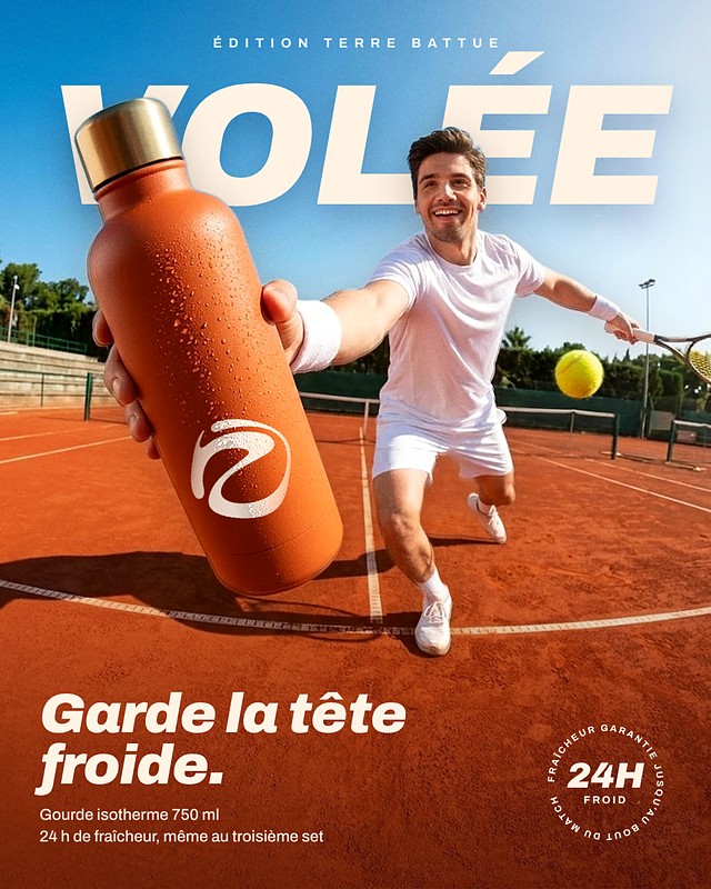 Pub Volée, un joueur de tennis tend une gourde orange vers l'objectif sur terre battue